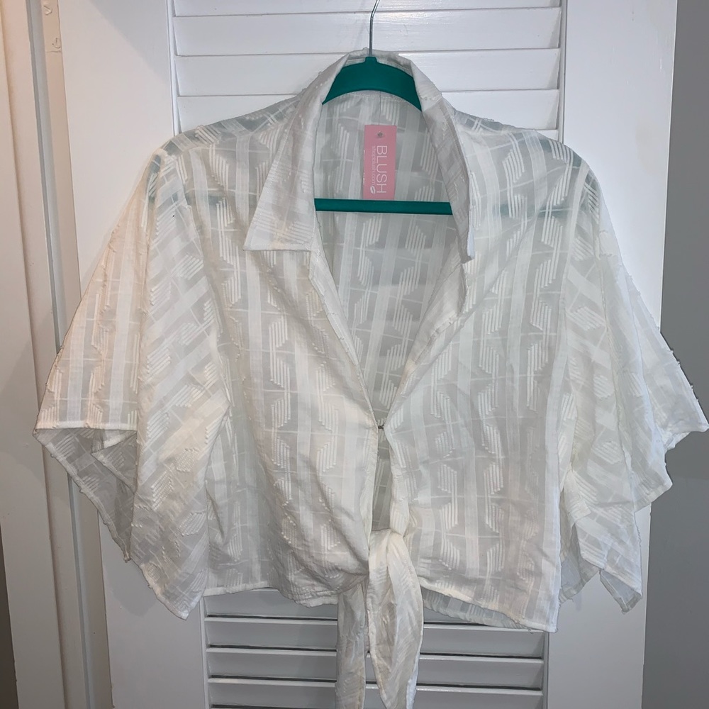 BLUSH white stylish tie front linen top